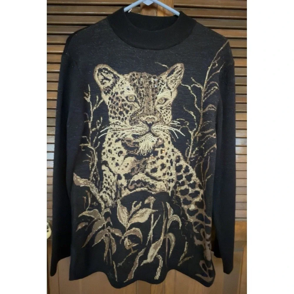 Vintage Nancy Bolen City Girl S Leopard Jaguar Beaded Sequin Sweater Art to Wear